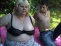 Younger lad licks old chubby whore's huge melons